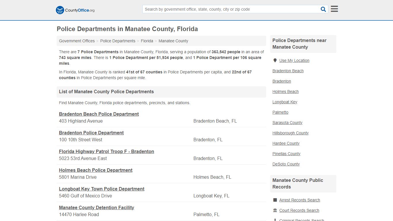 Police Departments - Manatee County, FL (Arrest Records & Police Logs)